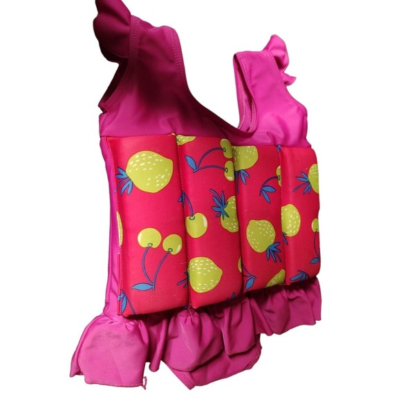 Little Girls Pink  Green Flotation Swim Suit  Size M  Strawberry Cherry Ruffles - Picture 2 of 5